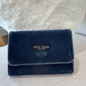 Kate Spade New York Denim Dark Blue Wash Trifold Small Women’s Chic Wallet-READ